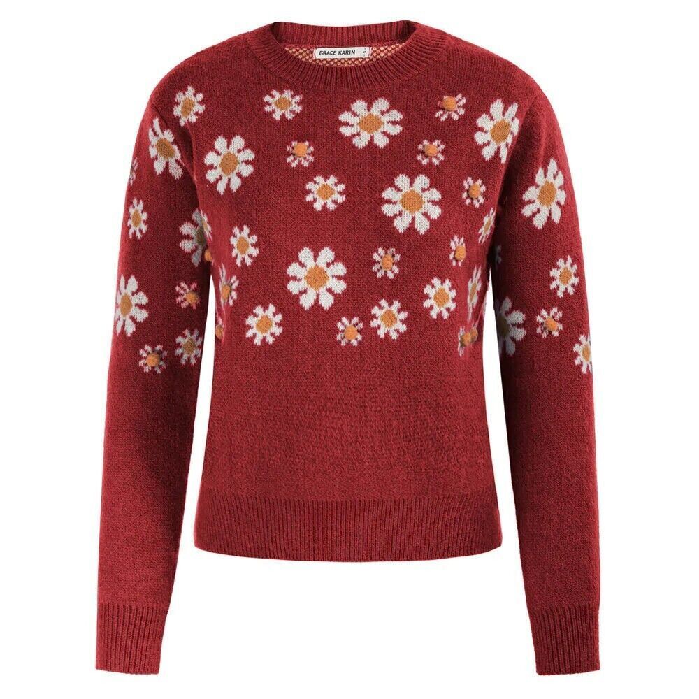 Grace Karin Sweater Red SM Womens Daisy Pattern Long Sleeve Crew Neck Pullover